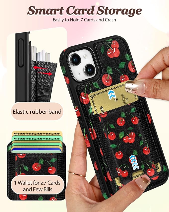Shorogyt for iPhone 14 Wallet Case - Fits 5 Cards, Compatible with Magsafe Detachable Magnetic Credit Card Holder Leather Cardholder Cute Phone Cover Women Girls for Apple 14, Cherry