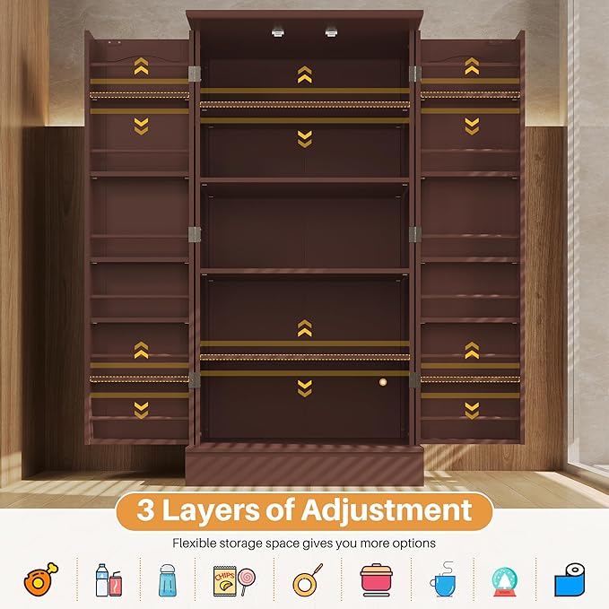 47” Pantry Cabinet, Kitchen Pantry Storage Cabinet with Doors & Adjustable Shelves, Brown Freestanding Buffet Cupboards Sideboard for Living Room and Dinning Room, Sturdy and Durable