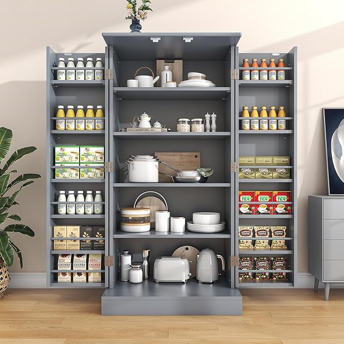 47" Tall Kitchen Pantry Cabinet, Grey Pantry Storage Cabinet with Adjustable Shelves, Barn Doors and Drawer Farmhouse Cupboard for Kitchen, Dining Room, Bathroom (16" D x 24" W x 47")