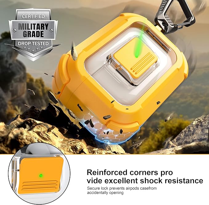 RFUNGUANGO for AirPods Pro 3 Case, Compatible with AirPods Pro 3 Generation Case (2025), Compatible with MagSafe, Magnetic Automatic Lock with Cleaner Kit and Keychain, Front LED Visible, Yellow