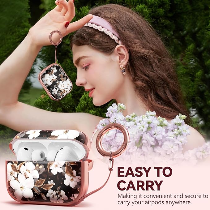 Inesore for AirPods Pro 3 Case 2025 with Lock, for Women Girly Floral Cute Case Compatible with Apple Airpods Pro 3rd Generation Cover, with Phone Stand,Keychain & Cleaner Kit -Black Gold Flower