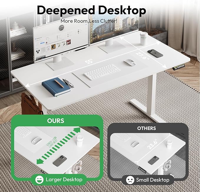 55x28 Large Electric Standing Desk Adjustable Height Stand Up with Lockable Wheels 27.6" Deep Ergonomic Sit Stand Desk for Home Office Work Computer Desk Workstation