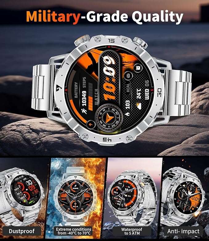 LIGE Smart Watches for Men 1000mAh Battery/LED Flashlight/3 Straps, 1.7" Ultra HD Screen Outdoor Smartwatch with 111 Sports Modes, Bluetooth Call 5ATM Waterproof Fitness Tracker Android iOS,Sliver
