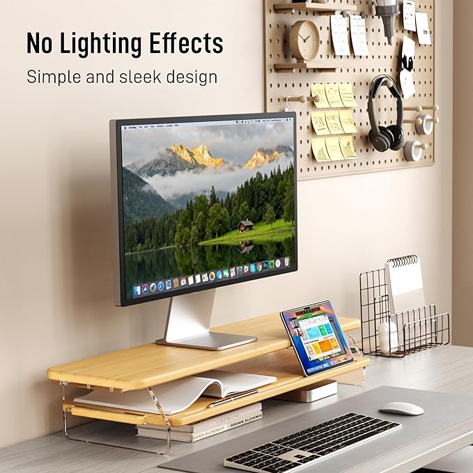Monitor Stand Riser, Bamboo & Acrylic 2 Tier Computer Monitor Stand with LED Light, 31.5 inch Large Desktop Organizer for Desk, Stand for Computer, Laptop, Printer, PC & TV Screen Riser