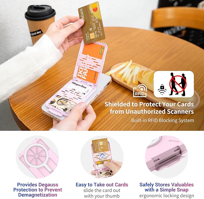 PROfezzion Magnetic Wallet Card Holder for MagSafe, RFID Blocking Hard Shell 4 Credit Card & Money Pocket Magnetic Wallet Stand for iPhone 16 15 14 13 12 Plus Max - Pink