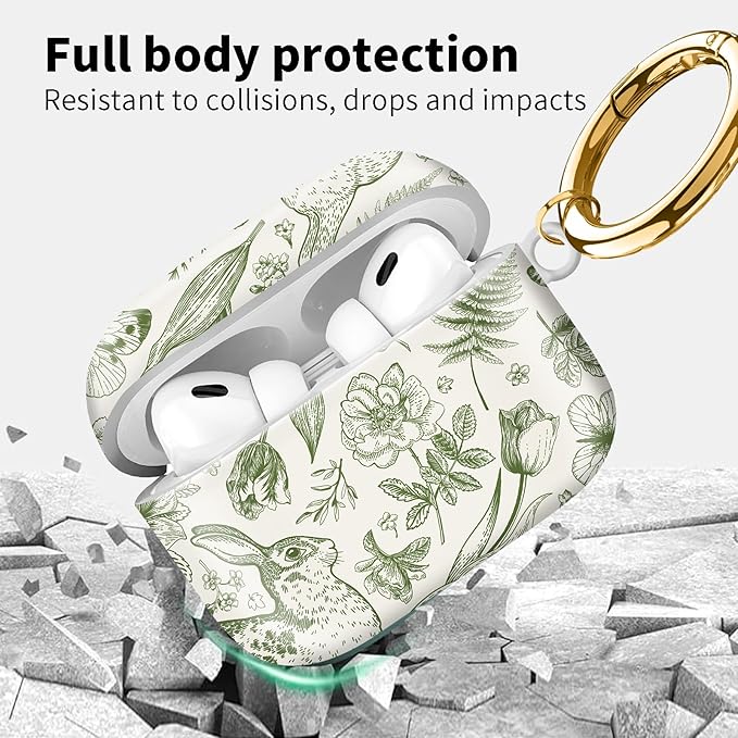 Compatible with Airpod pro 2nd/1st Generation Case Cover with Gold Round Keychain Cute Pattern Hard & Anti Slip Cover for Men Women & Girls（Rabbit Butterfly）
