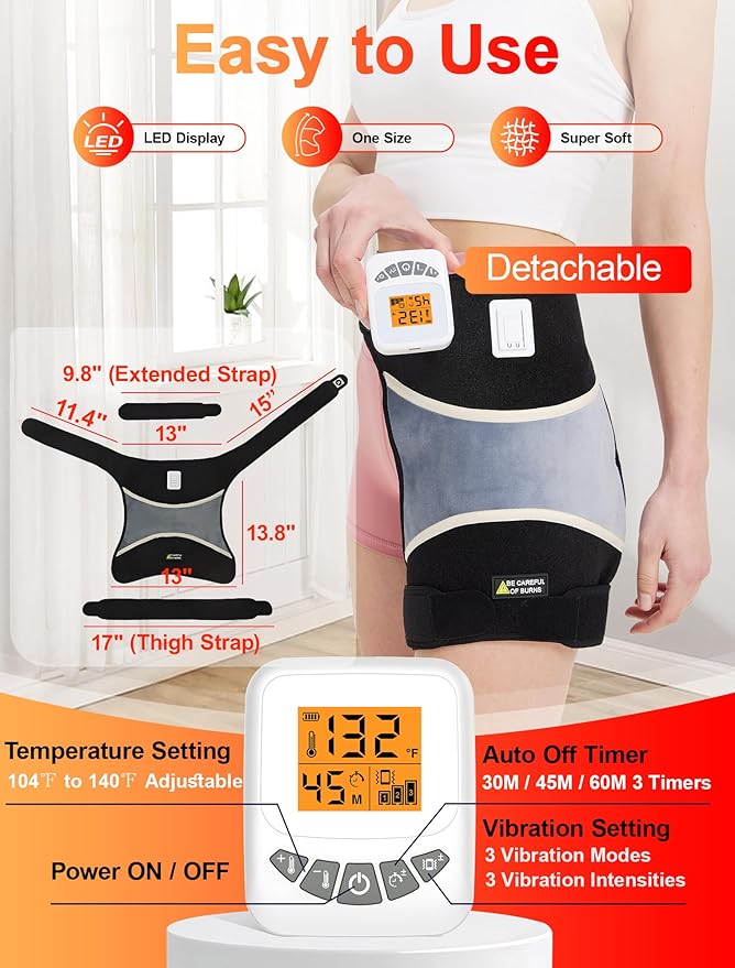 CAMECO 2-in-1 Cordless Hip Heating Pad with Massage for Sciatica Pain Relief, 5000mAh Battery & 104℉-140℉ Heated Hip Brace for Women Men Arthritis, Rechargeable Hip Massager Heat Pad for Home Office