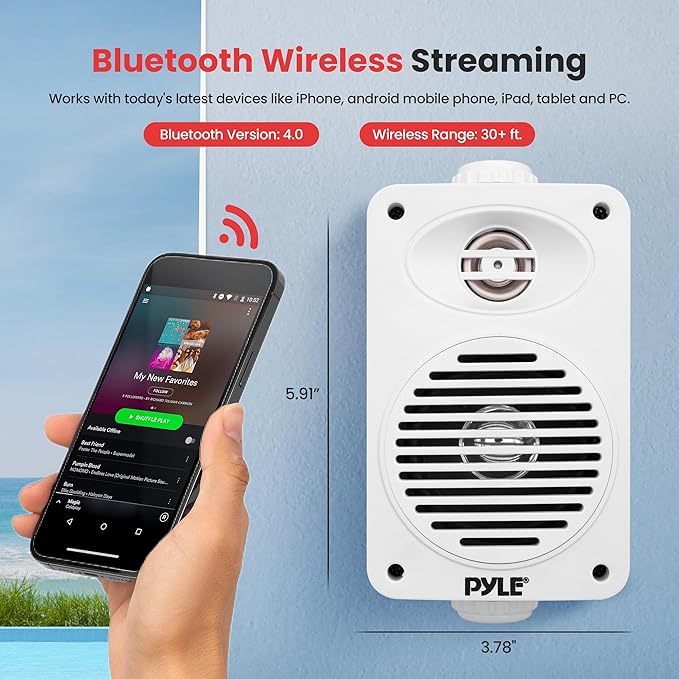 Pyle 200 Watt Bluetooth Indoor Outdoor Speakers Pair - Dual Waterproof 3.5” 2-Way Full Range Speaker System w/ 1/2” High Compliance Polymer Tweeter | Home, Boat, Marine, Deck, Patio, Poolside (White)