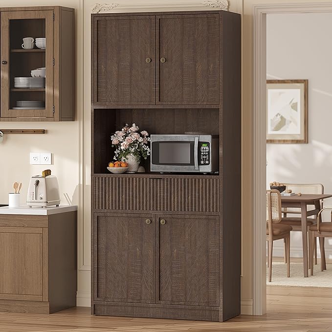 Garvee Tall Kitchen Pantry Cabinet, 70 in Pantry Storage Cabinet with Countertop, Fluted Kitchen Hutch Cabinets with Doors and Drawer, Freestanding Cupboard for Dining Room, Living Room, Brown
