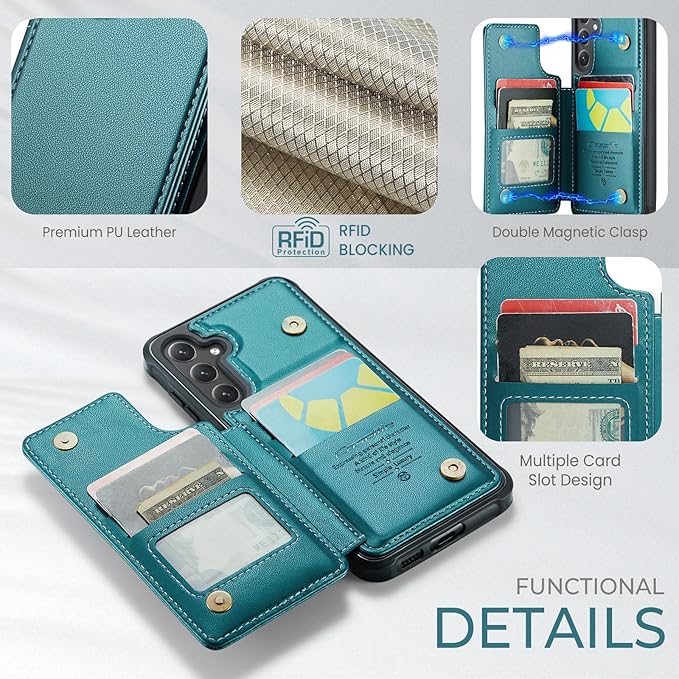 Bemal for Samsung Galaxy S25 Plus Wallet Case with Card Holder, RFID Blocking, Shockproof Leather Kickstand for Men and Women, Durable Protective Phone Cover for 6.7", Bluish Green