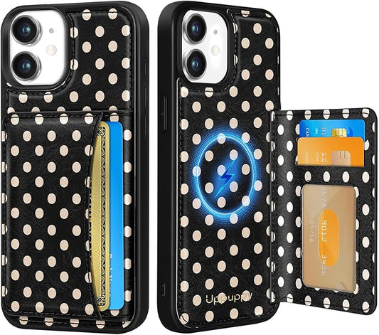 for iPhone 11 Case with Wallet - Fits 4 Card Slots, Compatible with MagSafe for Women Aesthetic Durable PU Leather Credit Card Holder Kickstand Phone Cover for Apple 11, Black Polka