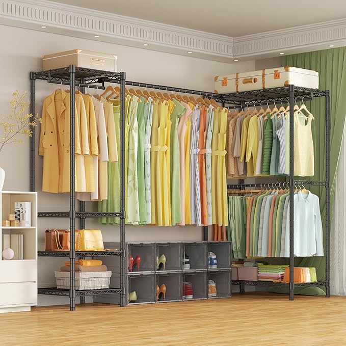 E10L L-Shaped Clothes Rack for Corner（With Expandable Hanger Rod）Heavy Duty Freestanding Clothing Racks for Hanging Clothes，Portable Garment Rack 58-82"W x 30"D x 72"H，Max Load 900LBS，Black