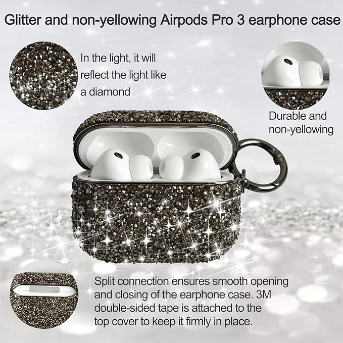 for Glitter AirPods Pro 3 Case 2025| Cute Bling Hard Air Pods Pro 3 Case (Model A2700/A2931) | with Keychain | Sparkly Rhinestone iPods Pro 3 Cases for Women Girl(Black)