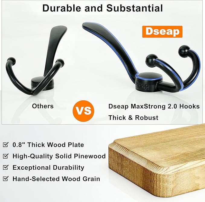 Dseap Coat Rack Wall Mounted - 5 Tri Hooks, Heavy Duty, Wooden Wall Coat Hanger Coat Hook for Clothes Hat Jacket Clothing, White & Black