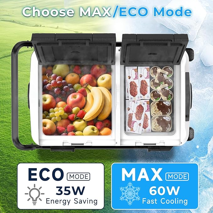 AS 12 Volt Refrigerator, 53QT(50L) Dual Temperature Zone Electric Cooler with Wheels, Portable Freezer 12V/24V DC 110-240V AC, -4℉-68℉ Car Fridge for Car, Marine, Home, Outdoor, etc