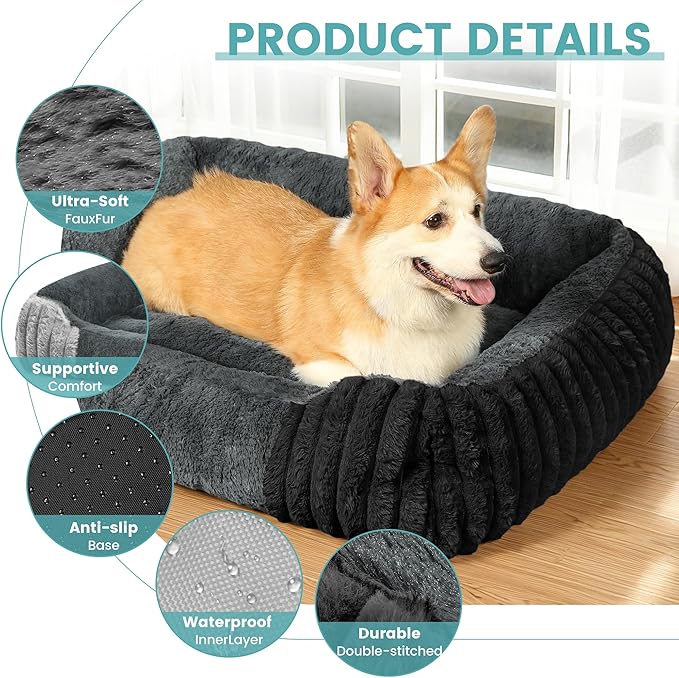Dog Beds for Medium Dogs 32x24 Inch, Comfort-Sided Orthopedic Dog Bed Couch with Breathable Shredded Memory Foam, Faux Rabbit Fur Pet Bed, Non-Detachable, Non-Slip, Machine Washable