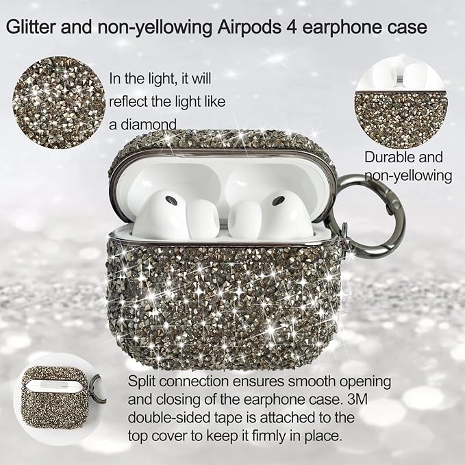 for Cute Glitter AirPods 4 Case for Women| Bling Hard Airpod iPods 4 Cases | with Keychain | Sparkly Rhinestone Air Pods 4 Generation Case for Women Girl- Model A3058/A3059(Black)