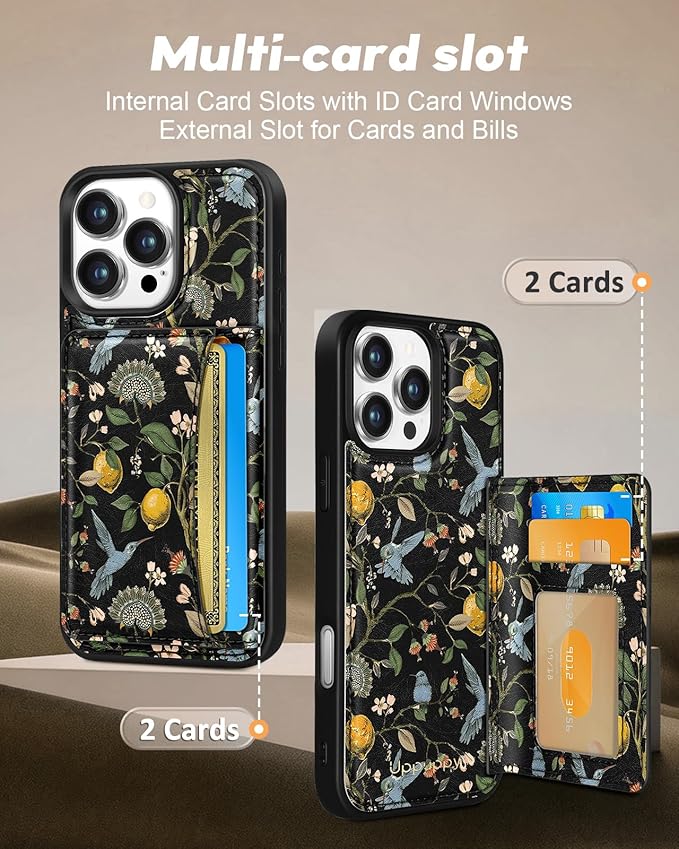 for iPhone 14 Pro Max Case with Wallet - Fits 4 Card Slots, Compatible with MagSafe for Women Aesthetic PU Leather Credit Card Holder Kickstand Phone Cover for Apple 14 Promax, Lemon Bird