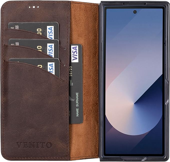 Venito Trieste for Samsung Galaxy Z Fold 6 Case, Handmade Premium Leather Wallet Case [RFID Blocking] with Card Holder Stand Folio Protective Phone Cover, Coffee Brown