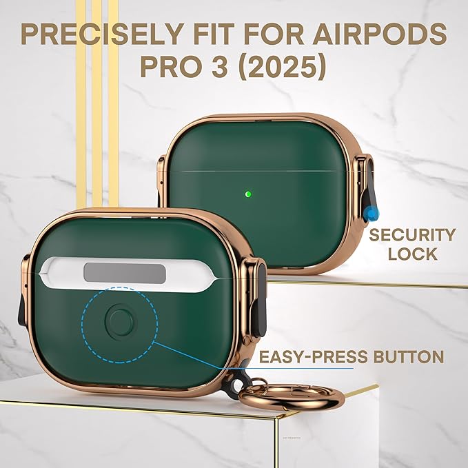 Maxjoy for AirPods Pro 3rd Generation Case with Lock, Cute AirPods Pro 3 Case Lock Protective Hard AirPod Pro 3 Cover for Women Men with Keychain for Airpod Pro 3rd Gen Cover 2025, Green