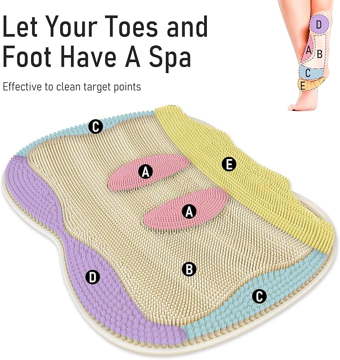 XL Shower Foot Scrubber Mat, Silicone Feet Massage Scrubber in Shower Clean Foot Toes Pad without Bending Non-slip Suction Cups Blood Circulation Exfoliate Smooth Achy Relief 17.4*13.4" Beige