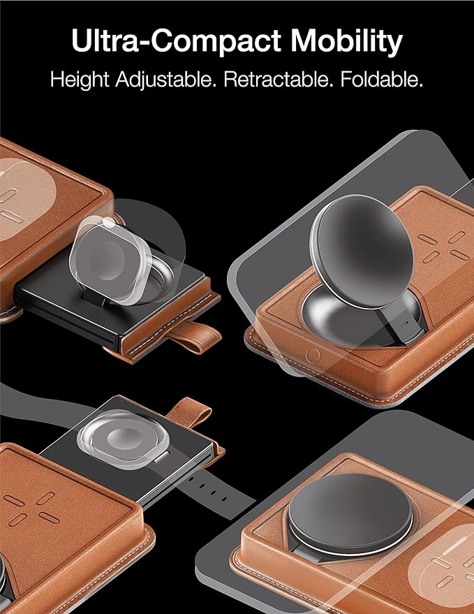 VogDUO 3 in 1 Wireless Magnetic Charging Stand - 15W Charger Dock Station with Genuine Leather 6ft Extension Cables Switchable Nightlight for iPhone, AirPods, Apple Watch (Tan)