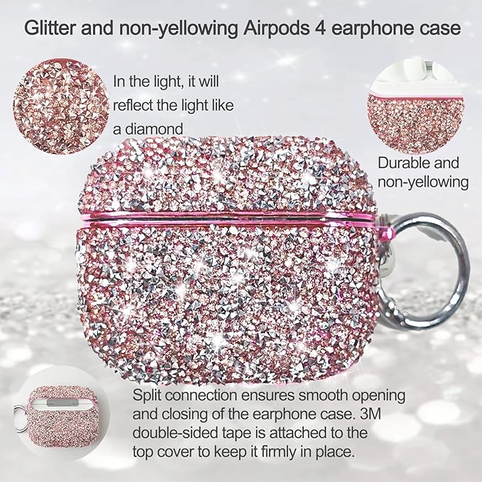 for Cute Glitter AirPods 4 Case for Women| Bling Hard Airpod iPods 4 Cases | with Keychain | Sparkly Rhinestone Air Pods 4 Generation Case for Women Girl- Model A3058/A3059(Pink)