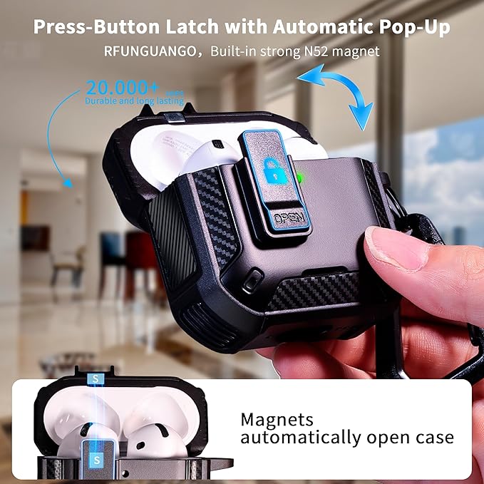 RFUNGUANGO for AirPods 4th Generation Case, Compatible with AirPods 4th Generation Case (2024), Military-Grade Drop Protection, Comes with Cleaning Kit, Comes with Phone Holder Function -Black