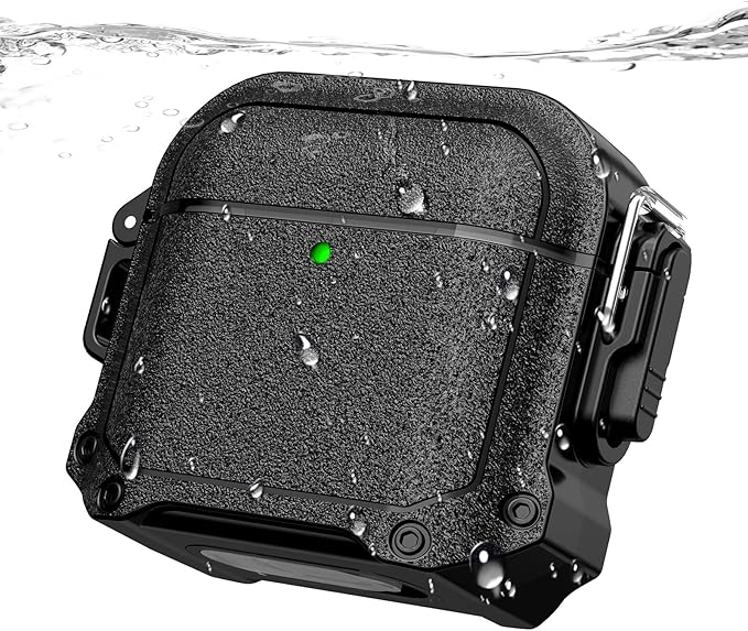 RFUNGUANGO Waterproof Case for AirPods 4 - Drop Protection for Apple AirPods 4th Generation with Carabiner & Cleaning Kit, Wireless Charging AirPod 4 Hard Case Cover, Black
