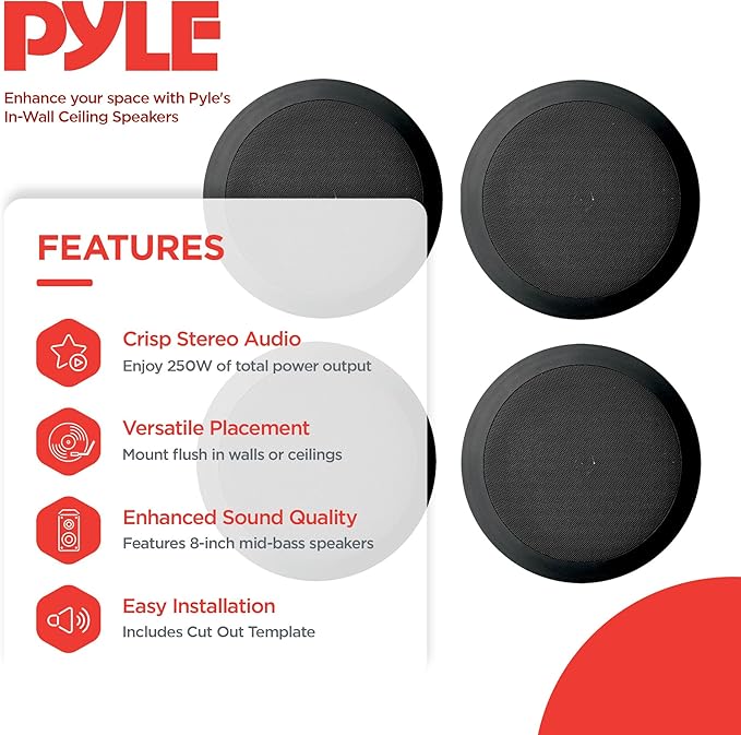 Pyle PDIC81RDBK 8 Inch 250 Watts Flush in-Wall in-Ceiling Black Speakers, with 2 Way Stereo Sounds, Ideal for Custom Installations, Pack of 4