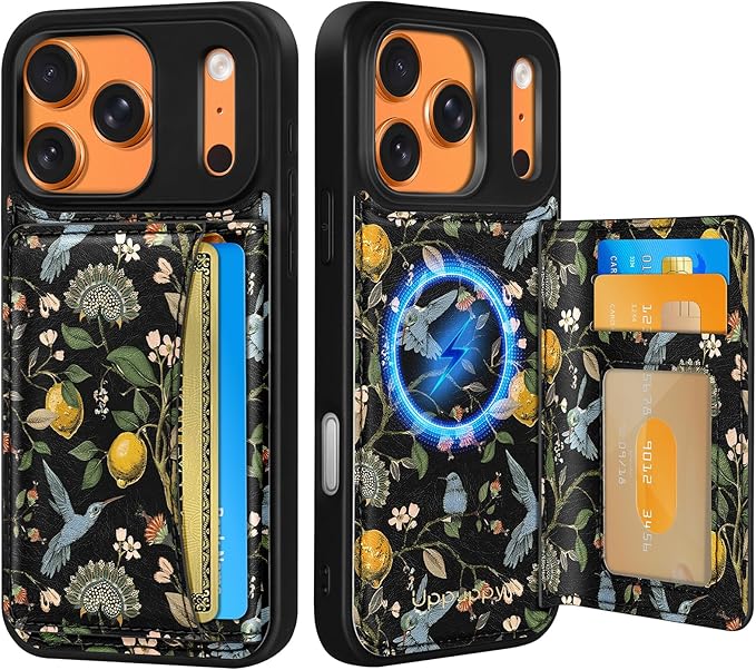 for iPhone 17 Pro Case with Wallet - Fits 4 Card Slots, Compatible with MagSafe for Women Aesthetic Durable PU Leather Credit Card Holder Kickstand Phone Cover for Apple 17 Pro, Lemon Bird
