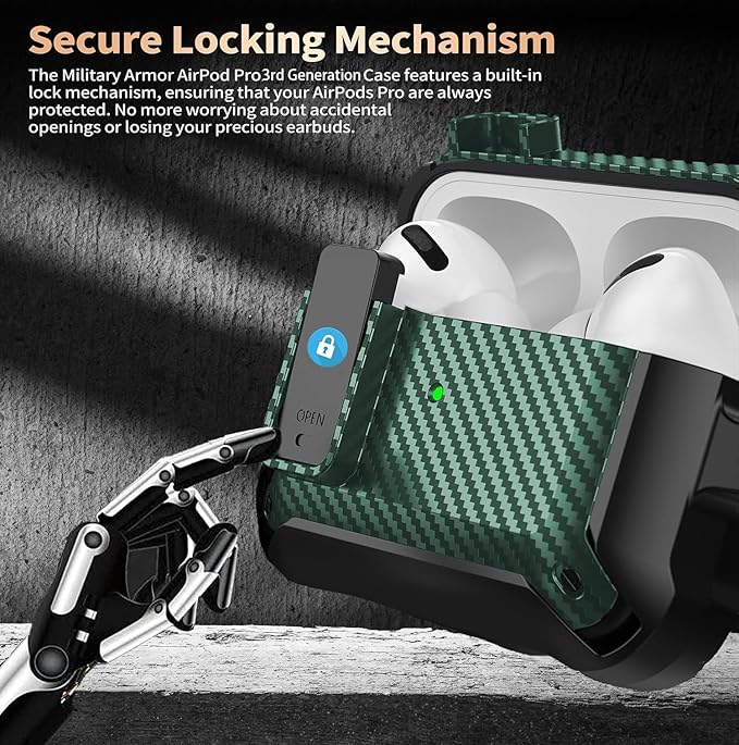 Airpods Pro 3 Case with Lock Clip, Rugged Apple Airpods Pro 3rd Generation Cover 2025 Men Women, Armor Shockproof iPod Pro3 Gen Protective Hard Shell with Carabiner&Cleaner kit,CF Black/Green