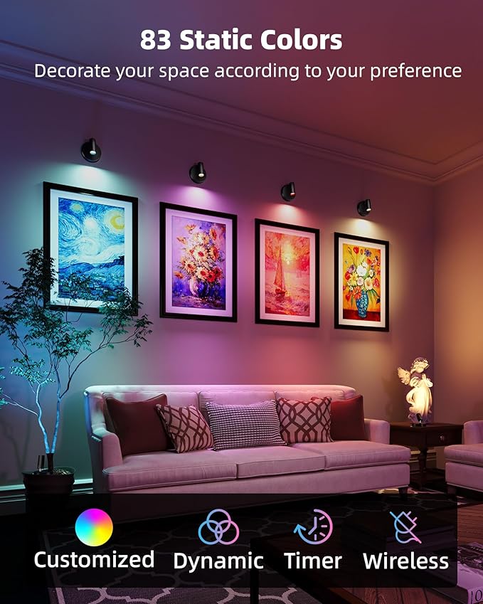 EZVALO RGB Spotlights Indoor with Remote, 5500mAh Rechargeable Picture Lights, DIY Mode & 83 Color Changing Uplighting, Wireless Mini Accent Lighting for Christmas Gift.(2Pack-Black)
