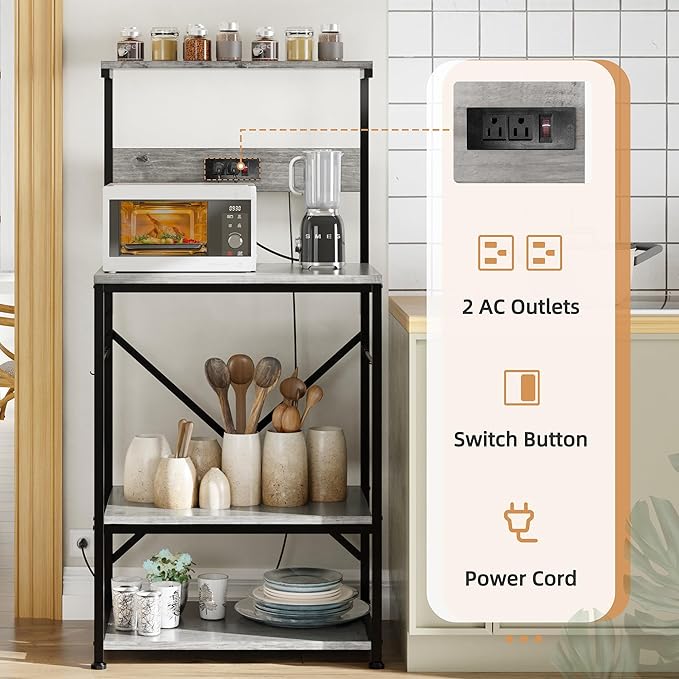 Shintenchi Bakers Rack with Power Outlet, Kitchen Organizers and Storage with 6 Hooks, Microwave Oven Stand, Kitchen Shelf for Spice, Coffee Station, Coffee Bar Table (Gray)