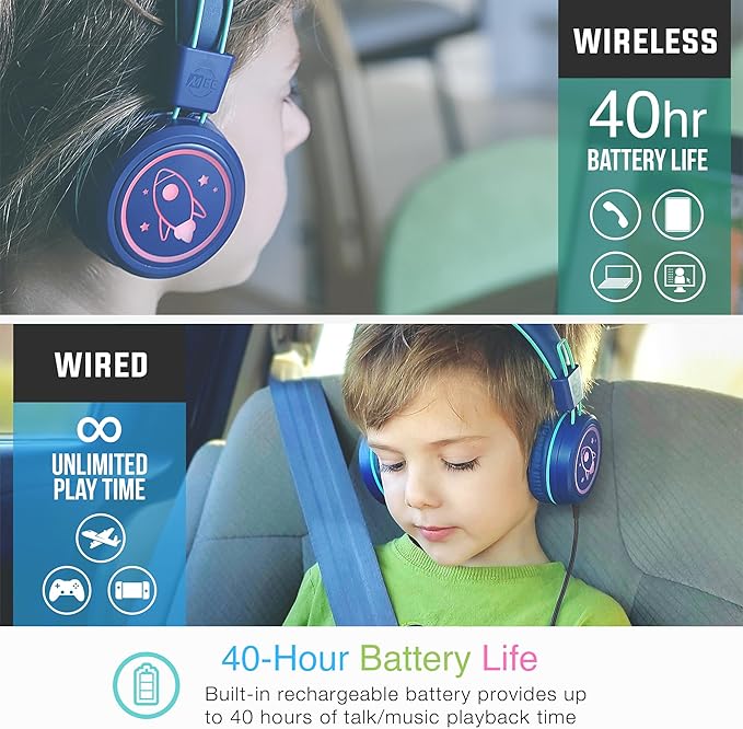 MEE audio KidJamz KJ55BT Bluetooth Wireless Safe Listening Headphones for Children with LED Lights, 85dB Volume Limiter, Mic & 40h Battery (Blue)