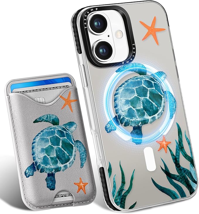 Toycamp for iPhone 17 Case - Compatible with Magsafe Credit Card Holder Wallet Magnetic Cute Women Teen Girls Kawaii Girly Unique Turtle Design Phone Cover for Apple 17 Air