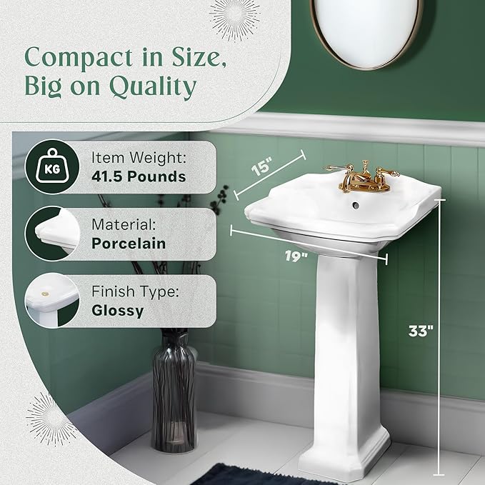 Small Pedestal Sink, Renovators Supply Cloakroom 19" Wide x 33" Tall Bathroom Sink White Grade A Porcelain With Overflow And Pre-Drilled Centerset Faucet Holes