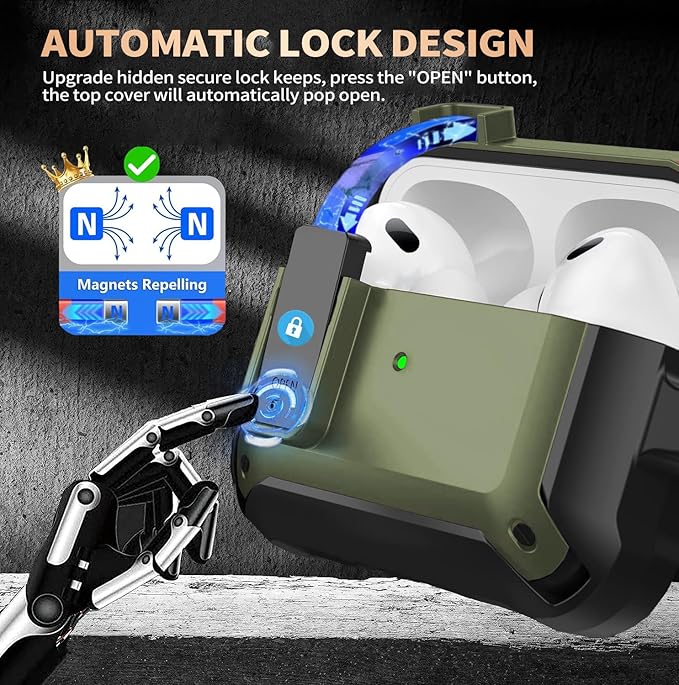 for Airpods Pro 3 Case with Magnetic Automatic Lock, Rugged Apple Airpods Pro 3rd Generation Cover 2025, Armor Shockproof iPod Pro3 Gen Protective Hard Shell Carabiner&Cleaner kit, Army Green