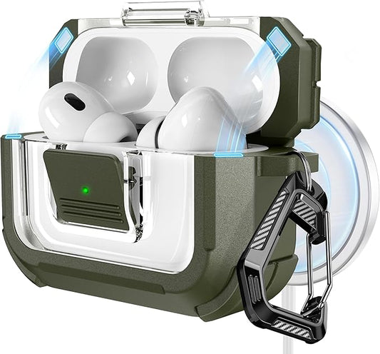 RFUNGUANGO for AirPods Pro 2 Case, Compatible with AirPods Pro 2nd/1st Generation Case, Compatible with MagSafe, Magnetic Automatic Lock with Cleaner Kit and Keychain, Front LED Visible, Green