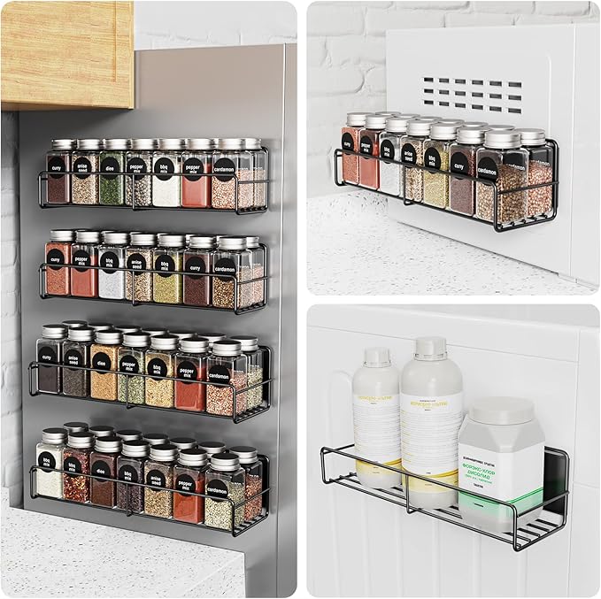 4 Pack Magnetic Spice Rack for Refrigerator, Magnetic Shelf Fridge Organizer for Kitchen Storage, Black