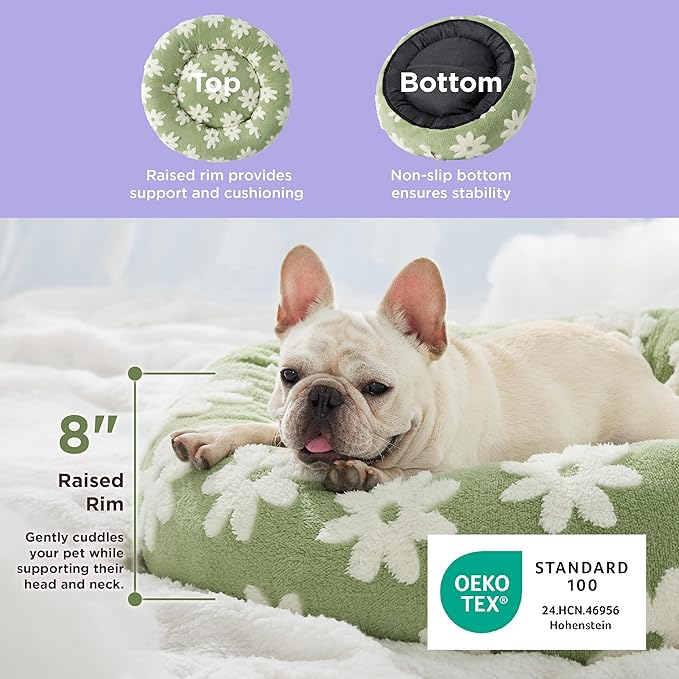 LE SURE Donut Medium Dog Bed - Round Cat Beds for Indoor Cats Calming Pet Beds, Cute Modern Beds with Jacquard Shaggy Plush & Anti Slip Bottom, 30 Inch, Green