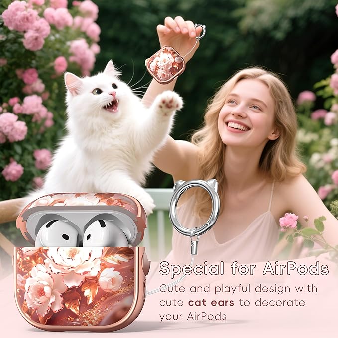 for AirPods 4 Case with Cleaning Kit, Cute Cat Ear Print Design & Cute Buckle, Inverted Phone Holder Design, Top Safe Lock Buckle Design, for Girls AirPods 4 case 2024, Rose Gold Peony