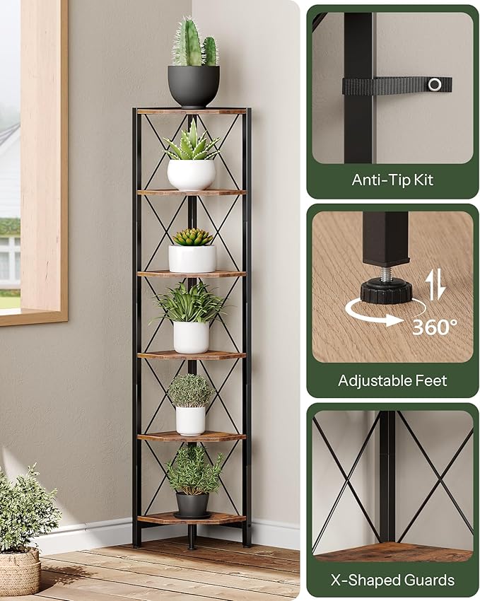6-Tier Corner Shelf, Corner Bookcase, 66.9" Tall Vertical Display Rack, Plant Stand, Open Storage Shelf, for Living Room, Bedroom, Study, Kitchen, Rustic Brown and Black TCJ13BF