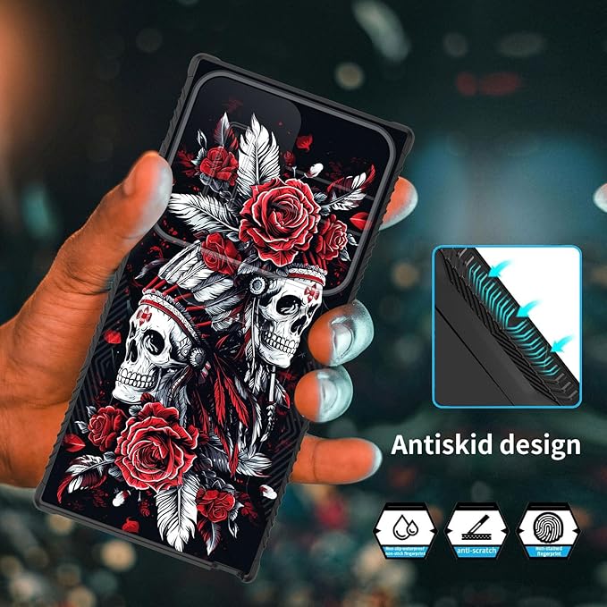 for Galaxy S24 Ultra Case Built in Slide Camera Lens Cover,Heavy Duty Shockproof Protection Dual Layer Case for Samsung Galaxy S24 Ultra 6.8" 2024,Skull Art with Feathers and Roses