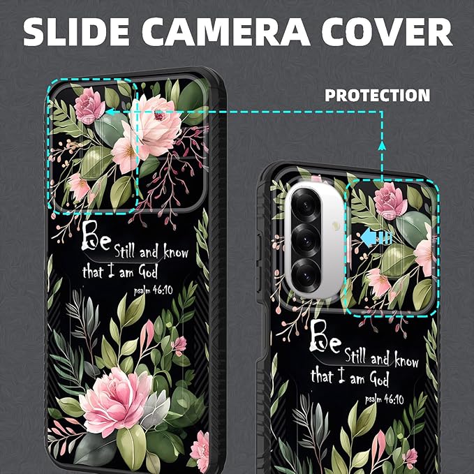 for Galaxy A26 5G Case Built in Slide Camera Lens Cover,Heavy Duty Shockproof Protection Dual Layer Case for Samsung Galaxy A26 5G 6.7" 2025,Flower Bible Verse Psalm 46:10
