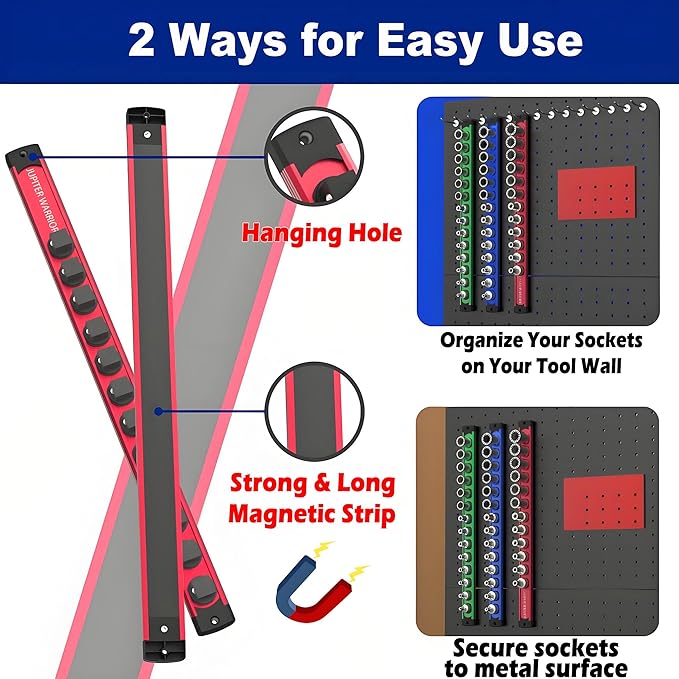Magnetic Socket Holder Organizer, 6-Piece Set Aluminum Alloy Socket Rail for Tool Box Drawer, 360° Swivel Sockets Rack with 80 Clips for 1/2, 3/8, 1/4-Inch