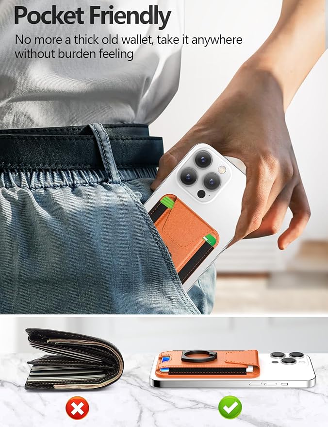 For Magsafe Wallet with Grip, 6-Card Holder, Stronger Magnetic Card Wallet Holder for iPhone 17/16/15/14/13/12 Series, Leather Magnetic Phone Wallet with Privacy Flap, RFID Blocking, Cosmic Orange