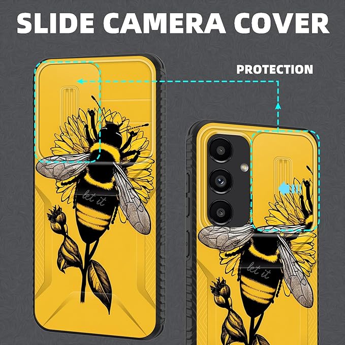 for Galaxy S25 FE Case Built in Slide Camera Lens Cover,Heavy Duty Shockproof Protection Dual Layer Case for Samsung Galaxy S25 FE 6.7" 2025,Honeybee Flower