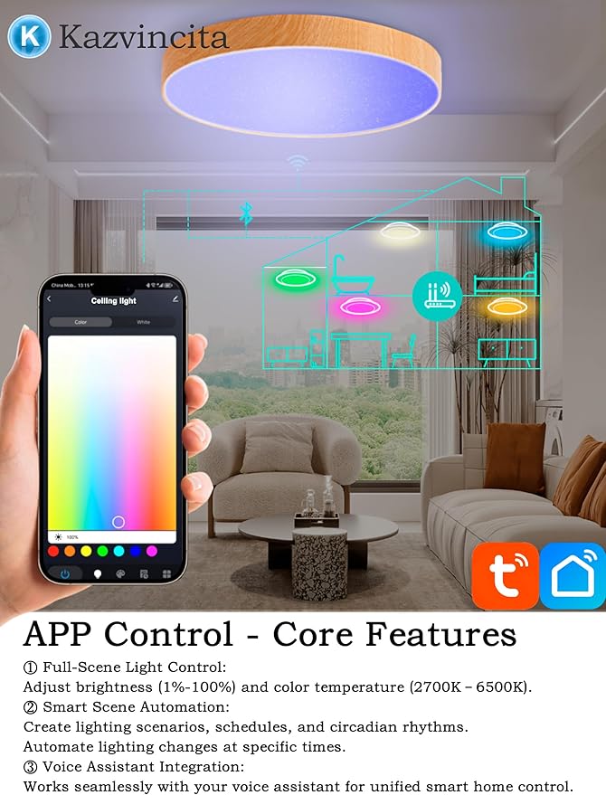WF-Version LED Ceiling Light with Speaker 40W 13Inch Control via app/Voice/Remote Adjustable Brightness & Color Temperature Ceiling Lamp RGB Ambient Lighting for Bedroom Kids Room and More