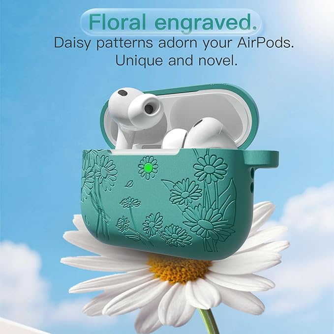 for AirPods Pro 3 Case (2025) DamonLight Daisy Floral Engraved Shockproof Protective Soft Silicone Case Cover with Cleaning Pen and Keychain for Apple Airpods Pro 3rd Generation (Forest Green)